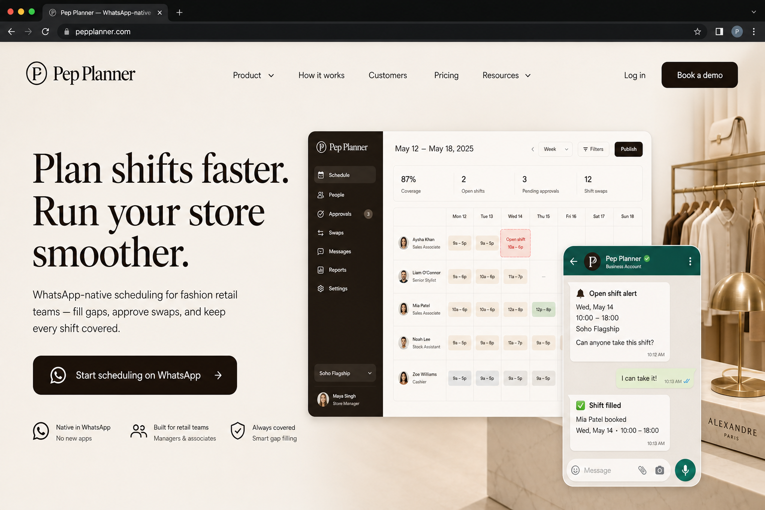 Pep Planner premium fashion retail scheduling dashboard with WhatsApp shift coordination overlay